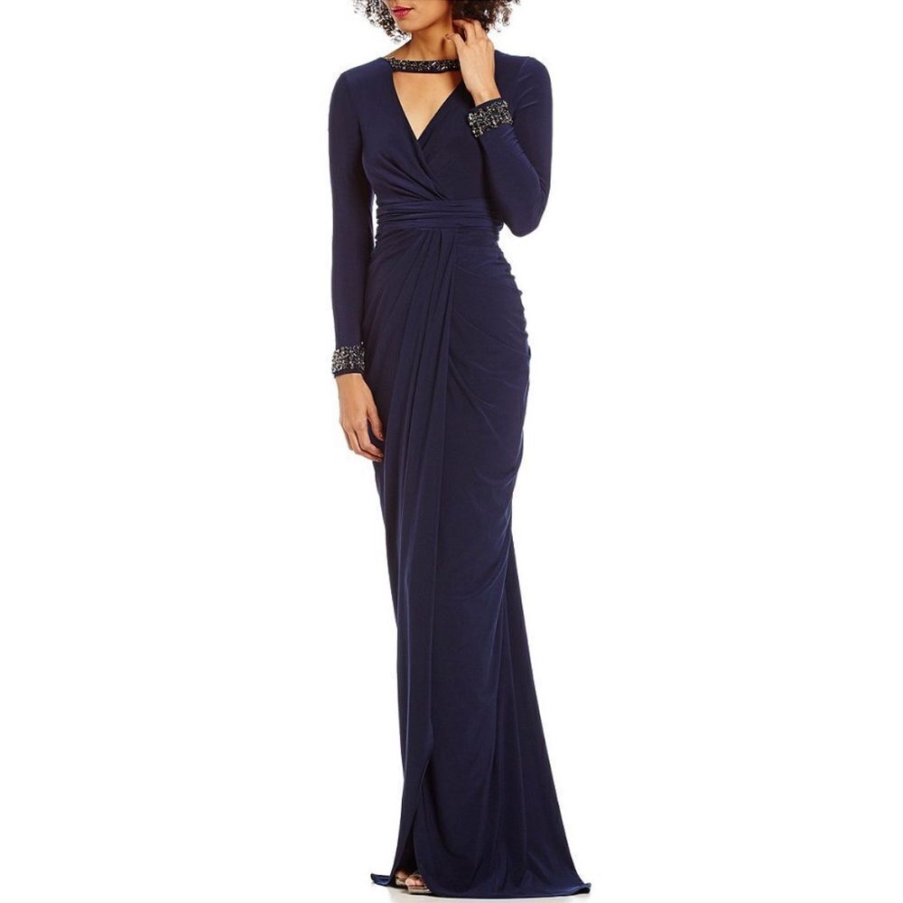 Adrianna Papell Beaded V-Neck Long Sleeve Jersey Maxi Gown Dress Purple 2 NEW